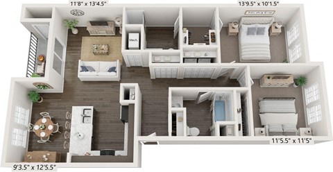 Floor plan for 2 beds, 2 baths, 1114 sqft
