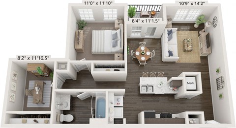 Floor plan for 1 bed, 1 bath, 887 sqft