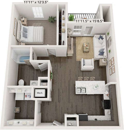 Floor plan for 1 bed, 1 bath, 816 sqft