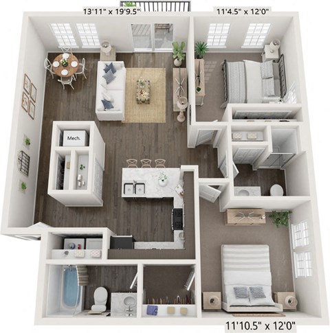 Floor plan for 2 beds, 2 baths, 1132 sqft