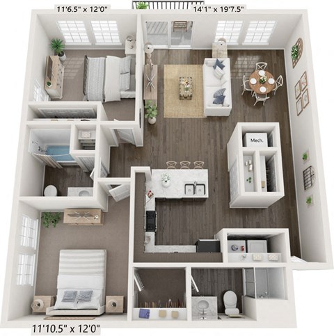 Floor plan for 2 beds, 2 baths, 1141 sqft