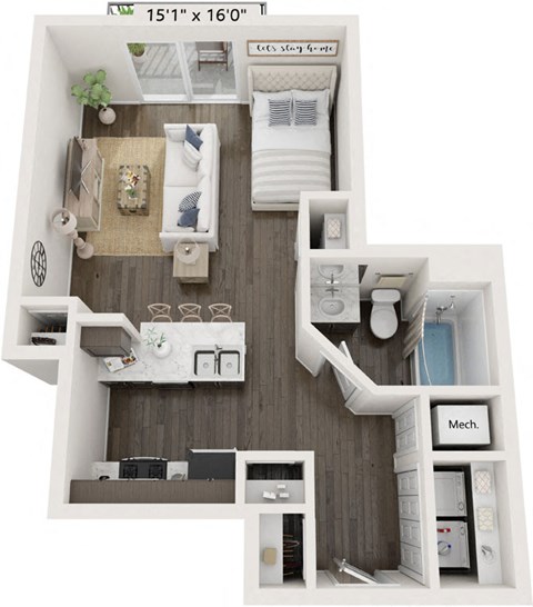 Floor plan for studio, 1 bath, 534 sqft