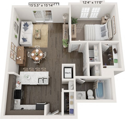 Floor plan for 1 bed, 1 bath, 789 sqft