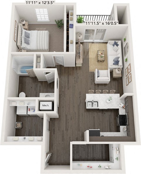Floor plan for 1 bed, 1 bath, 870 sqft