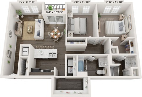 Floor plan for 2 beds, 2 baths, 1088 sqft