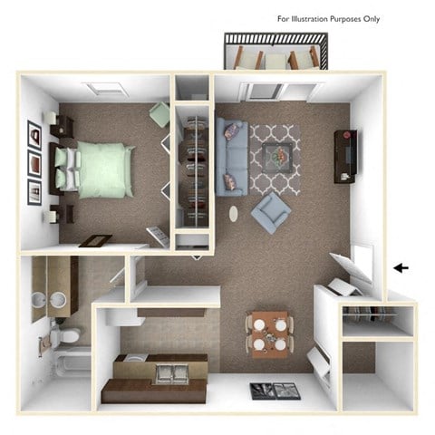 Floor plan for 1 bed, 1 bath, 671 sqft
