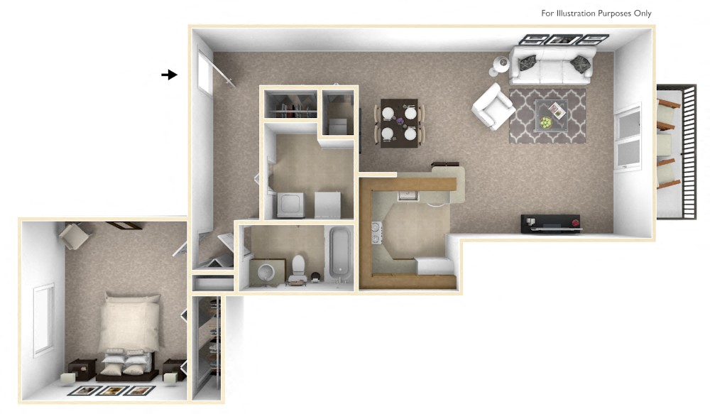 Floor plan for 1 bed, 1 bath, 850 sqft