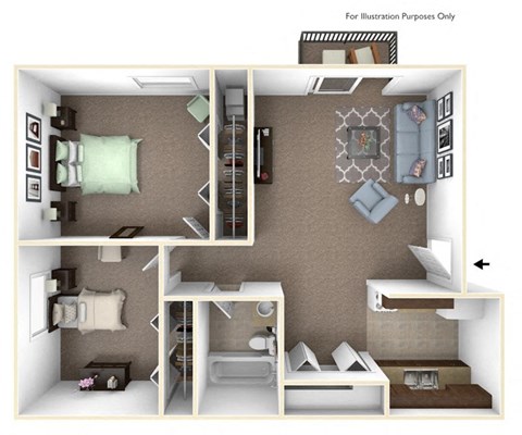 Floor plan for 2 beds, 1 bath, 681 sqft