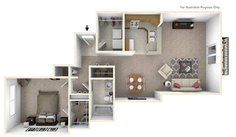 Floor plan for 1 bed, 1 bath, 970 sqft