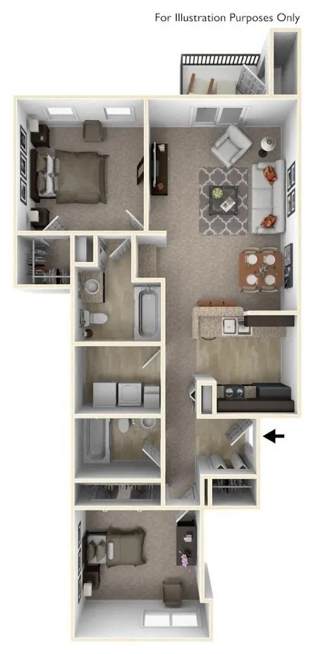 Floor plan for 2 beds, 2 baths, 962 sqft
