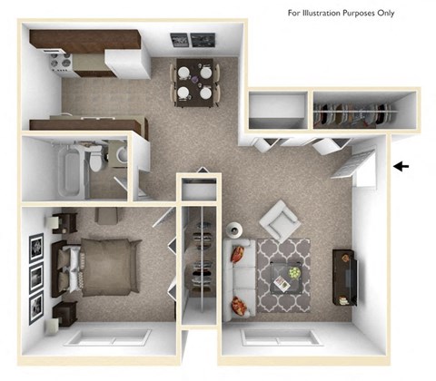 Floor plan for 1 bed, 1 bath, 671 sqft