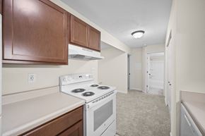 Peoria apartment for rent - A kitchen with a white stove top oven and wooden cabinetsk at Timberlane Apartments, Peoria, Illinois