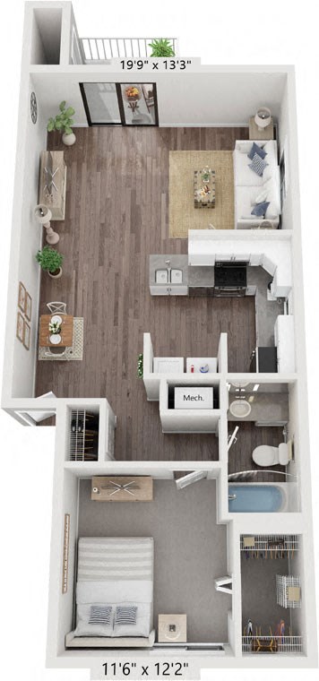 Floor plan for 1 bed, 1 bath, 815 sqft