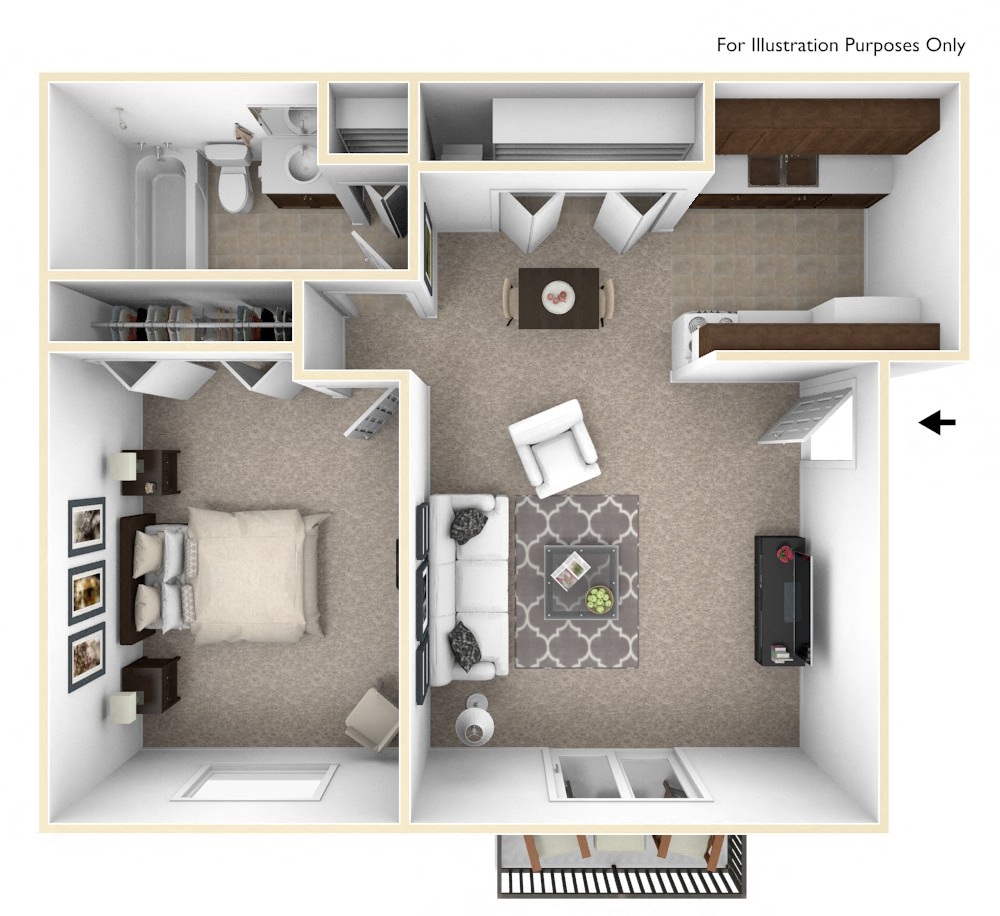 Floor plan for 1 bed, 1 bath, 568 sqft