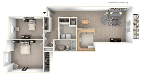 Floor plan for 2 beds, 1 bath, 936 sqft