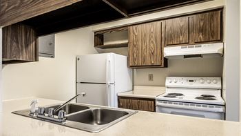 A kitchen with a sink and a stove and a refrigerator