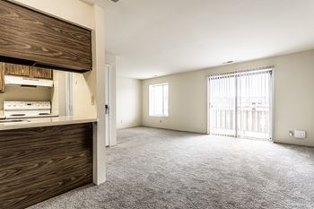 A spacious room with a carpeted floor and a window with blinds