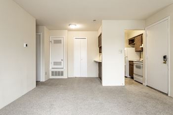 A white room with a carpeted floor and a kitchen area in the background