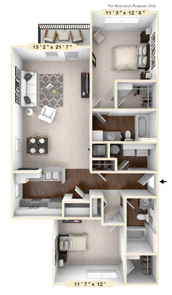Floor plan for 2 beds, 2 baths, 1094 sqft