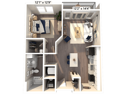 Floor plan for studio, 1 bath, 677 sqft