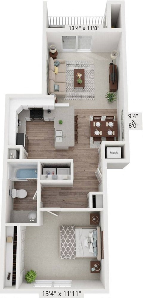 Floor plan for 1 bed, 1 bath, 927 sqft
