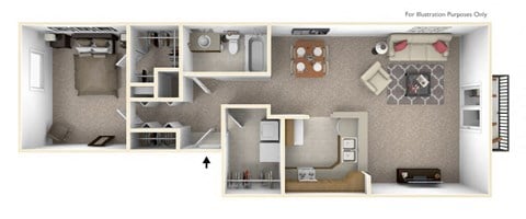 Floor plan for 1 bed, 1 bath, 895 sqft