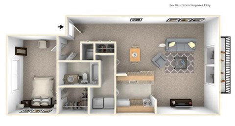 Floor plan for 1 bed, 1 bath, 770 sqft
