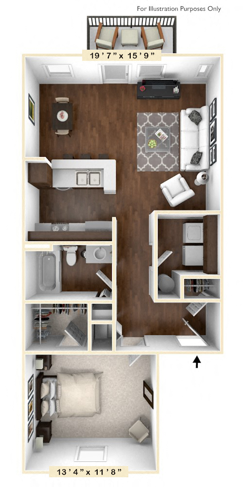 Floor plan for 1 bed, 1 bath, 790 sqft