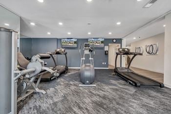 A gym with a treadmill, exercise bike, and weight machine.
