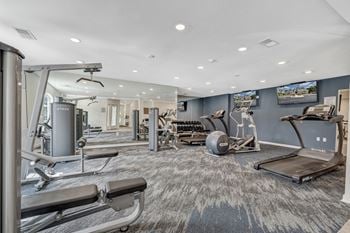A spacious gym with a variety of equipment including treadmills, weight machines, and a rowing machine.