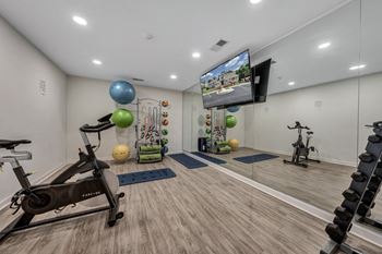 A home gym with a variety of exercise equipment including a stationary bike, a treadmill, and a television mounted on the wall.