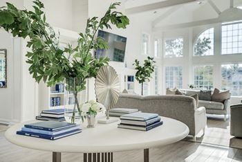 A living room with a white table and a plant on it.
