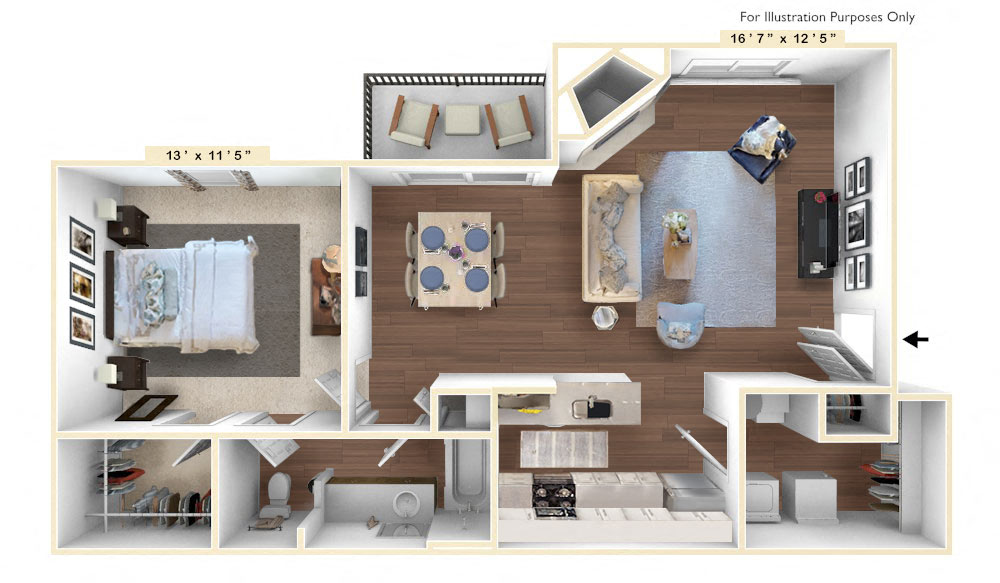 Floor plan for 1 bed, 1 bath, 733 sqft