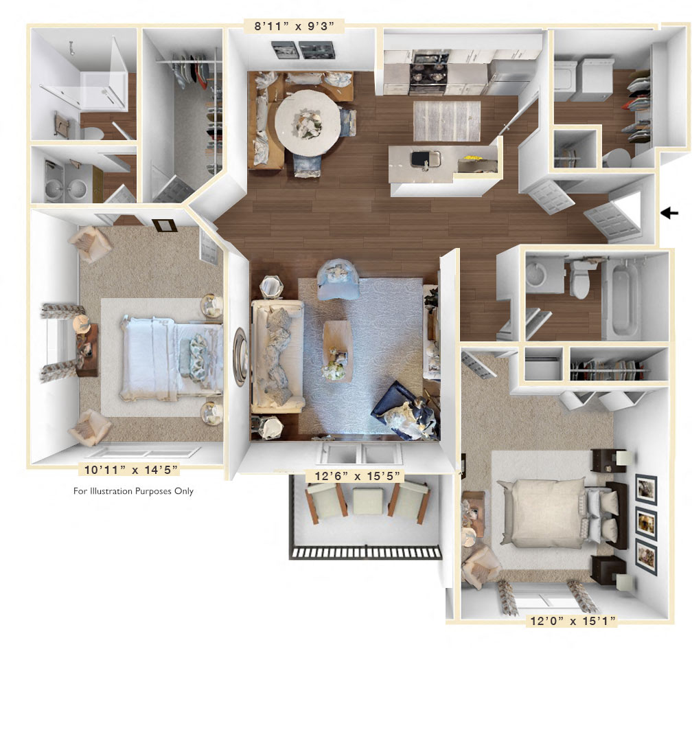 Floor plan for 2 beds, 2 baths, 1076 sqft