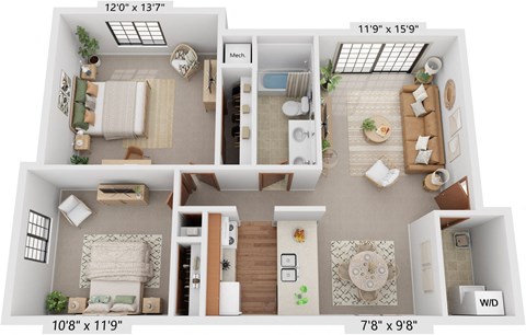 Floor plan for 2 beds, 1 bath, 874 sqft