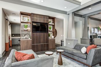 A modern living room with a grey couch and a grey rug.