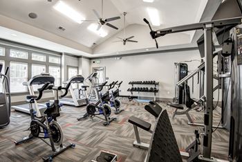 A gym with a variety of exercise equipment including treadmills, stationary bikes, and weight machines.