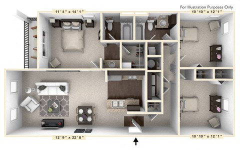 Floor plan for 3 beds, 2 baths, 1223 sqft