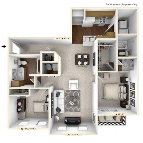 Floor plan for 2 beds, 2 baths, 1111 sqft