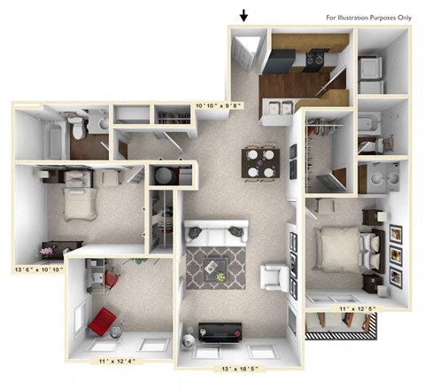 Floor plan for 2 beds, 2 baths, 1205 sqft