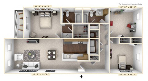 Floor plan for 3 beds, 2 baths, 1223 sqft