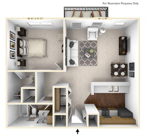 Floor plan for 1 bed, 1 bath, 718 sqft