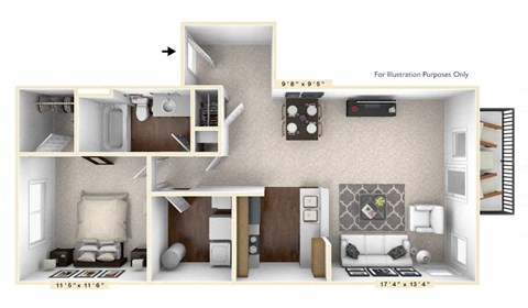 Floor plan for 1 bed, 1 bath, 756 sqft