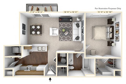 Floor plan for 1 bed, 1 bath, 707 sqft