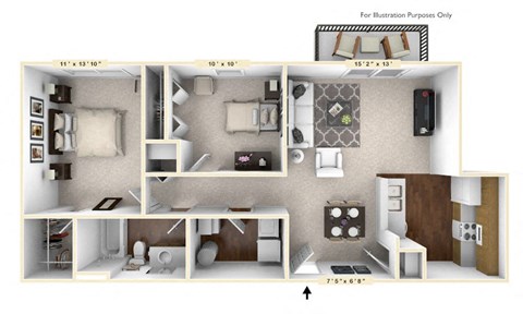 Floor plan for 2 beds, 1 bath, 853 sqft