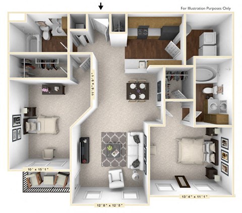 Floor plan for 2 beds, 2 baths, 1091 sqft