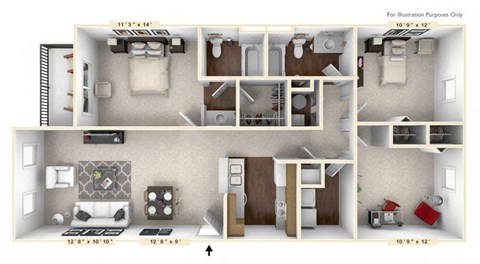 Floor plan for 3 beds, 2 baths, 1218 sqft