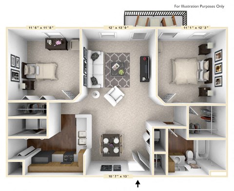 Floor plan for 2 beds, 1 bath, 872 sqft