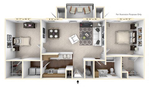 Floor plan for 2 beds, 1 bath, 954 sqft