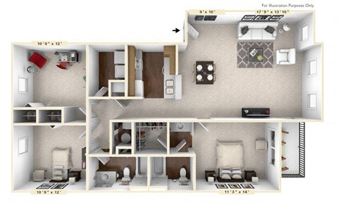 Floor plan for 3 beds, 2 baths, 1331 sqft